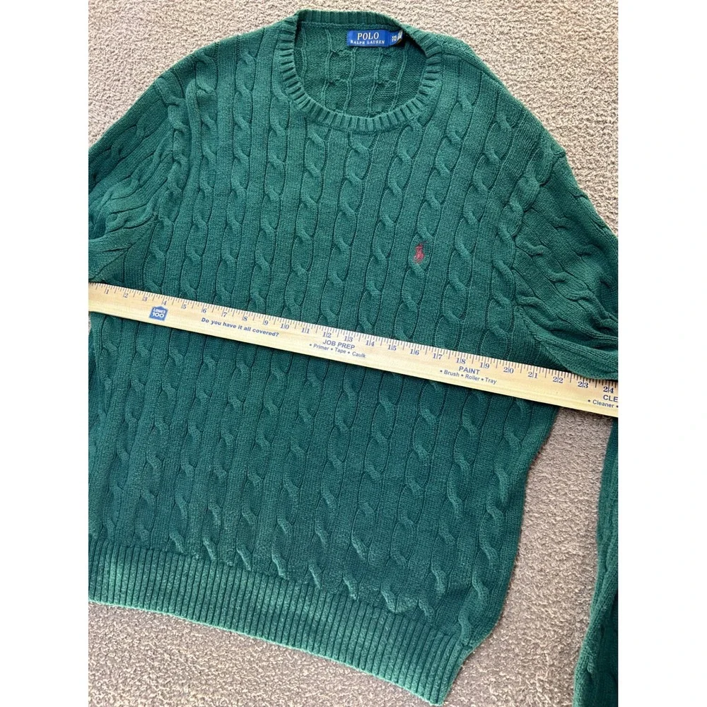 Polo Ralph Lauren Mens XXL Green Cable Knit Cotton Crew Neck Sweater Red Pony